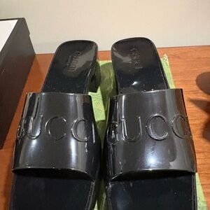 “Designer” Black Patent Logo Slide Mules, Size 8